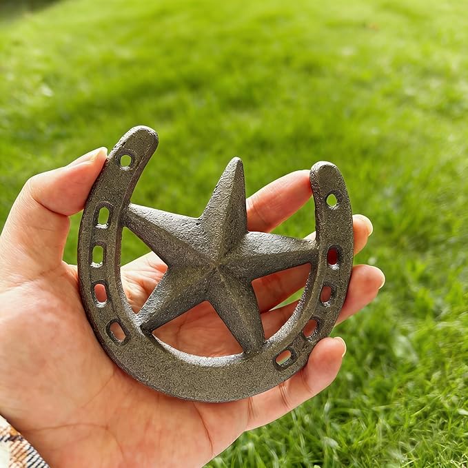 8 Pcs Horse Shoes with Star for Decorations, Durable Cast Iron Lucky Horseshoes Wall Décor for Indoor, Outdoor, Wedding, Birthday, Western Cowboy Party Favors Decor