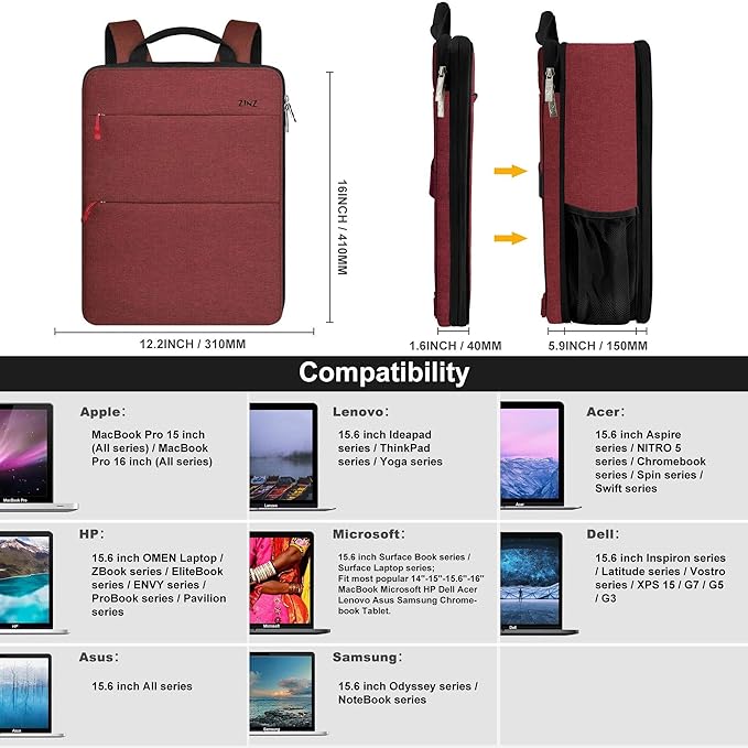 ZINZ Slim & Expandable Laptop Backpack 15 15.6 16 Inch Sleeve, Spill-Resistant Notebooks Bag Case for Most 14-16 Inch MacBooks Surface-Books Dell HP Lenovo Asus Computers,RD01BK01