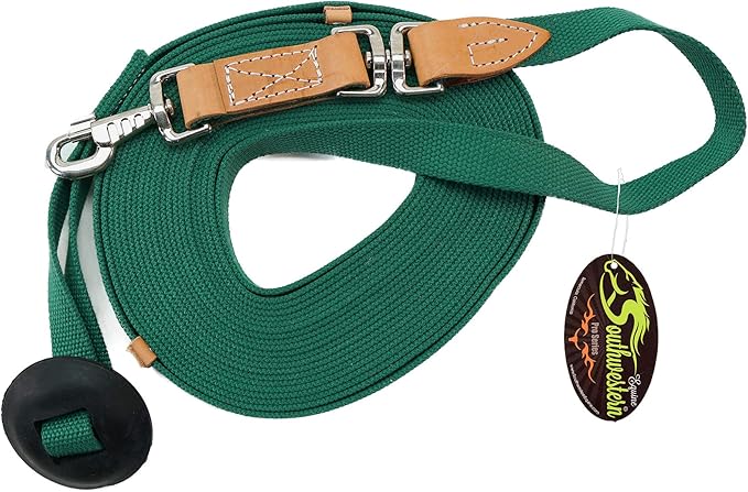 35' Flat Cotton Web Lunge Line with Bolt Snap & Rubber Stop - By Southwestern Equine (35', Emerald)