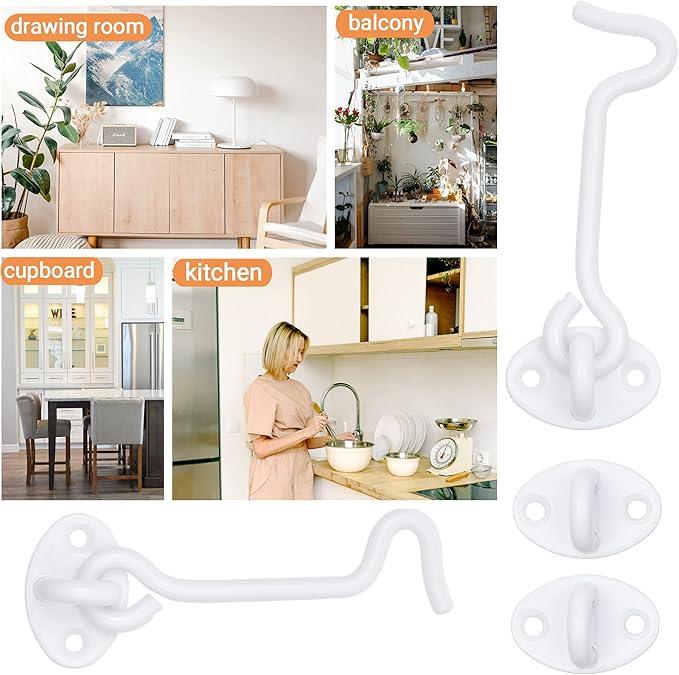 Eco-Fused 4-inch Heavy Duty Hook and Eye Latch - 2X Barn Door Lock (White), 8X Mounting Screws - Powder Coated Stainless Steel Hooks for Door, Windows, Sheds, Fences, Gates, Closets, Cabinets