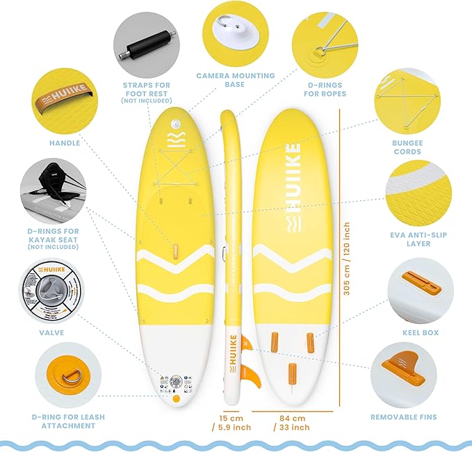 HUIIKE Inflatable Paddle Board for Adults with Accessories Included, Oar, Fins, Pump. Stand Up Paddleboard Great Stability and Resistance. 10’ x 33" x 5.9", Maximum Load 286 lb