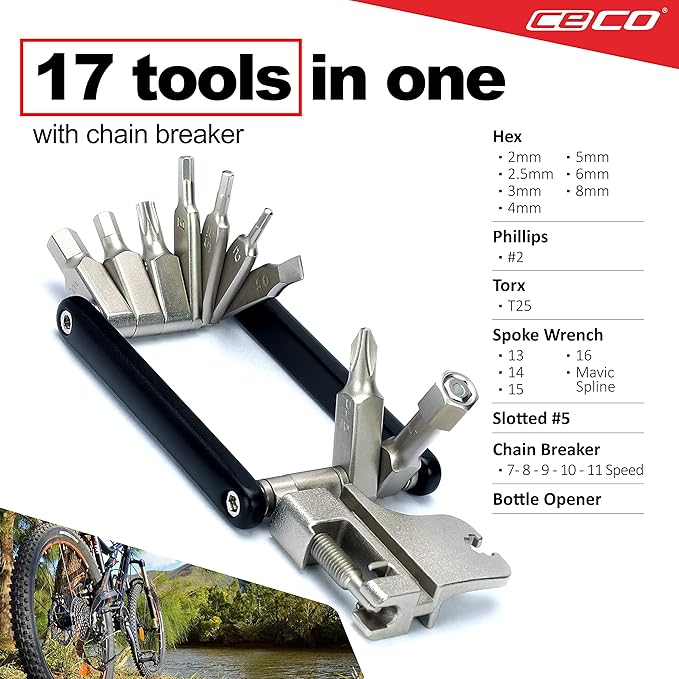 CECO USA 17 Function Bike Tool with Chain Breaker, Bicycle Multi Tool, Ultra Slim, Compact Pocket Sized, Lightweight, High Strength CR-V 6150 Tool Steel, Easy To Carry, Case Pouch Included, Quality