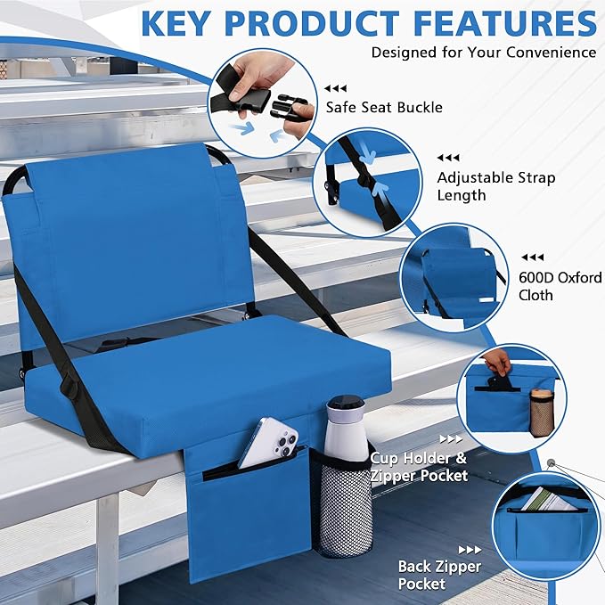 Stadium Seats for Bleachers with Back Support Bleacher Seat Soft Cushion Light Weight Includes Shoulder Strap & Cup Holder, Front & Back Zipper Pocket, Suitable for Sports Events,Blue
