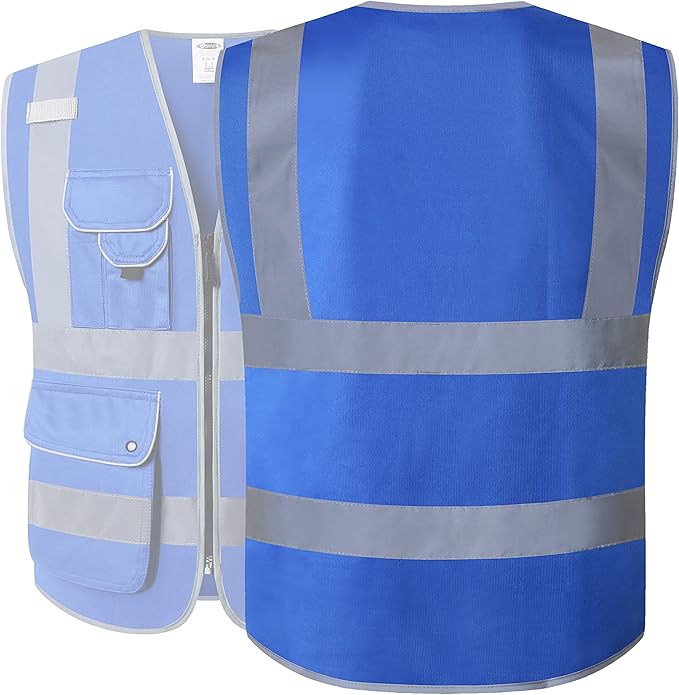 JKSafety 9 Pockets High Visibility Zipper Front Safety Vest With Reflective Strips Meets ANSI/ISEA Standard (150Blue-XL)