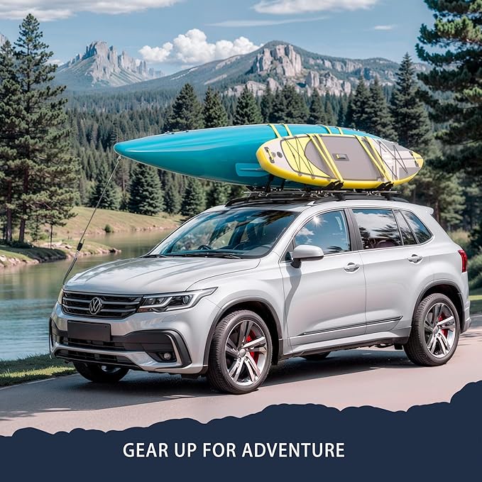 ARKSEN 2 Pair Universal Folding Kayak Roof Rack Heavy Duty Adjustable J-Bar Kayak and Canoe Carrier with 4 Lashing Straps, 4 Stern Tie Down Straps for Cars, SUVs, and Trucks