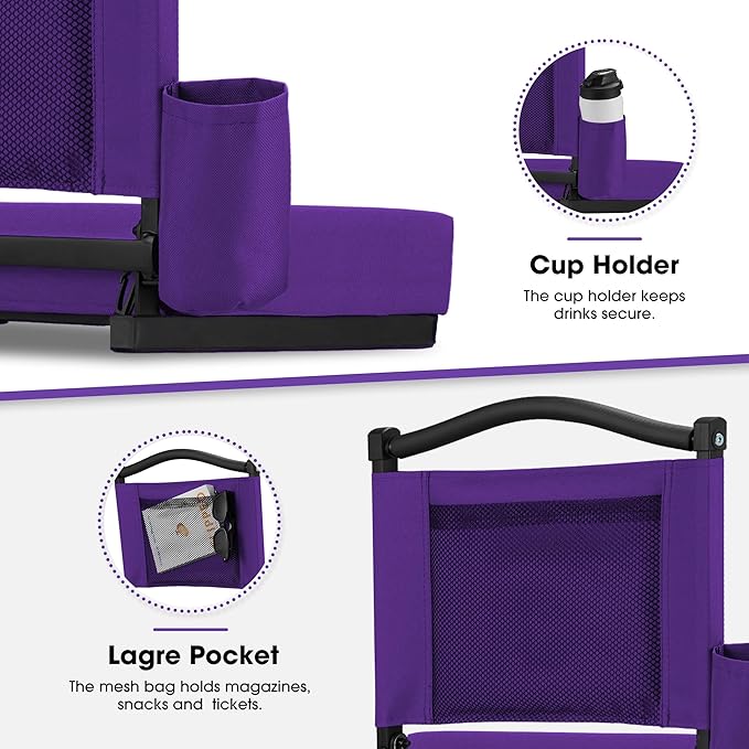 Fragess Bleacher seat, Stadium Seats with Back Support and Thick Cushion, Bleacher Chairs with Shoulder Strap and Side Pocket, Stadium Seat for Bleachers, Perfect for Sports Events(Purple)