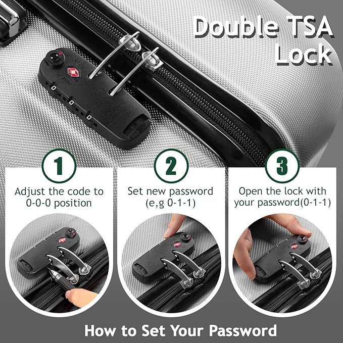 Karl home Luggage Sets 3 Piece, Hardside Carry on Suitcase Sets with Spinner Wheels & TSA lock, Portable Lightweight ABS Luggages for Travel, Business - Silver, 20/24/28in