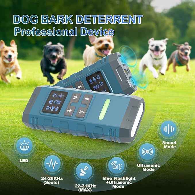 Dog Bark Deterrent Device,Anti Barking Device for Dogs, Ultrasound Dog Bark Deterrent,Best Anti-Barking Device, 4 Modes & LED Light & LCD Screen Portable Indoor & Outdoor（Blue）