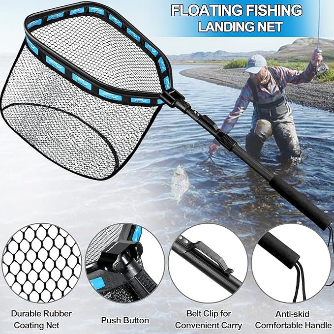 PLUSINNO Floating Fishing Net for Steelhead, Salmon, Fly, Kayak, Catfish, Bass, Trout Fishing, Rubber Coated Foldable Landing Net with Fixed or Telescoping Pole Handle, Fishing Gear and Gifts for Men
