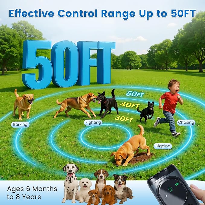 FamilyKit Dog Bark Deterrent Device, 3X Ultrasonic Rechargeable Anti Barking Device for Dogs, 50FT Range Barks No More, Training Bark Control with LED Flashlight, Indoor & Outdoor