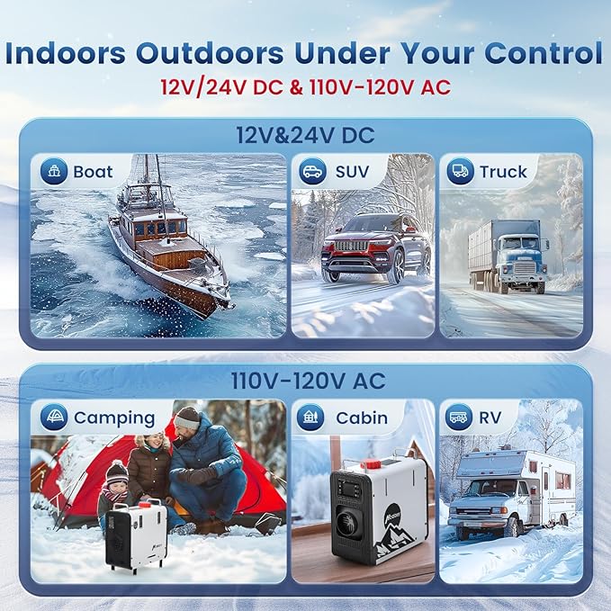 8KW Diesel Air Heater 12V, Portable Diesel Heater with App Control, 10-Temperature Settings, 28% Boost in Burning Efficiency, Auto Start-Stop, and 120V AC 24V DC, for Car, RV, Campers, 2025 Upgraded
