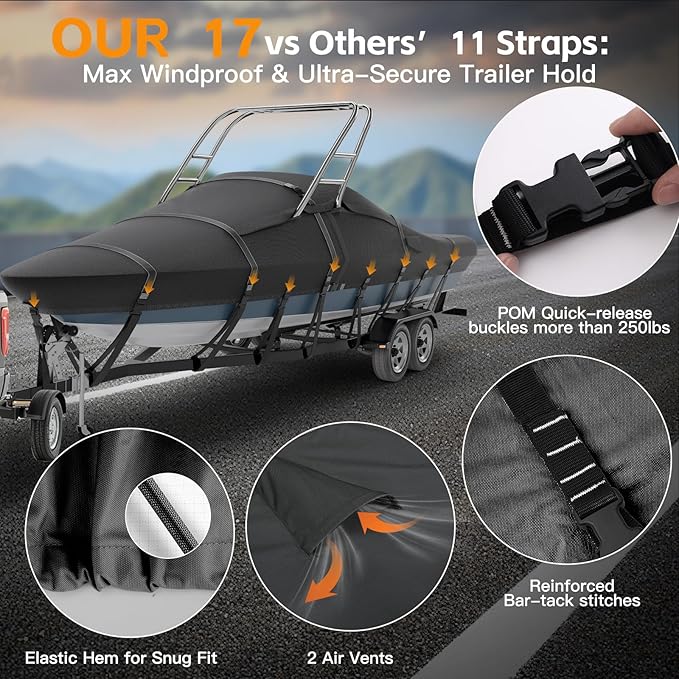 Tuszom 1200D 100% Waterproof Ski & Wakeboard Tower Boat Cover Tear-Proof Trailerable Full Size Boat Cover for Boats with Ski Or Wakeboard Towers (Black, 22'-24'L, Beam Width to 116" W)