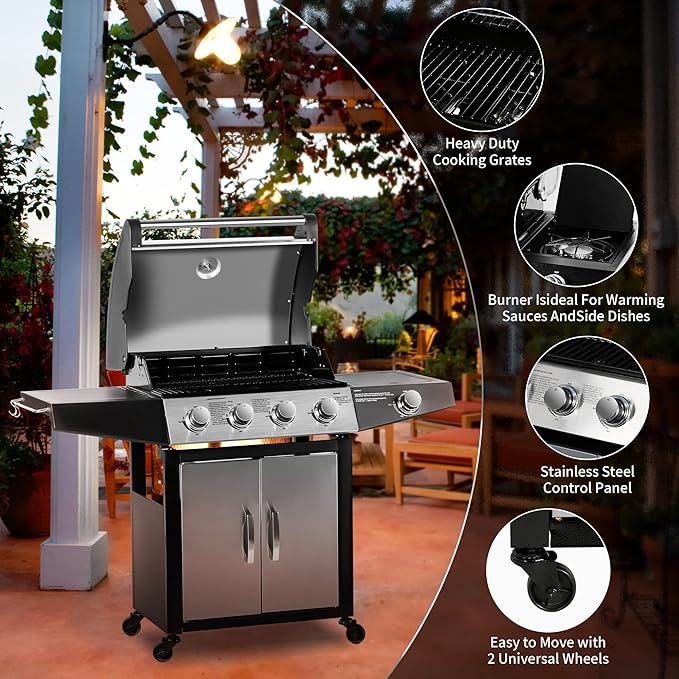 MASTER COOK 4+1 Burners Gas Grill, 518 Sq.in.Cooking Area, 52,000 BTU Propane Grill with Side Burner, Stainless Steel Cabinet Grill, Silver & Black