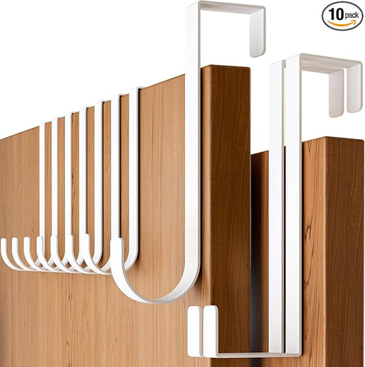 Over the Door Hooks 10 Pack, White - Coat Hanger 6 pcs + 2-Sided Wreath Hanger 2 pcs fit up to 1 3/8" - Towel Holder w/Felt & Anti-Slip Pads, Hooks for Hanging, Thin Enough for Doors to Close