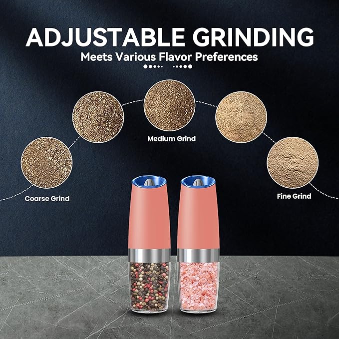 Gravity Electric Salt and Pepper Grinder set of 2, Automatic Salt And Pepper Grinder Set, Adjustable Roughness, Battery Powered, LED Light, 2 Pack, (Pink)