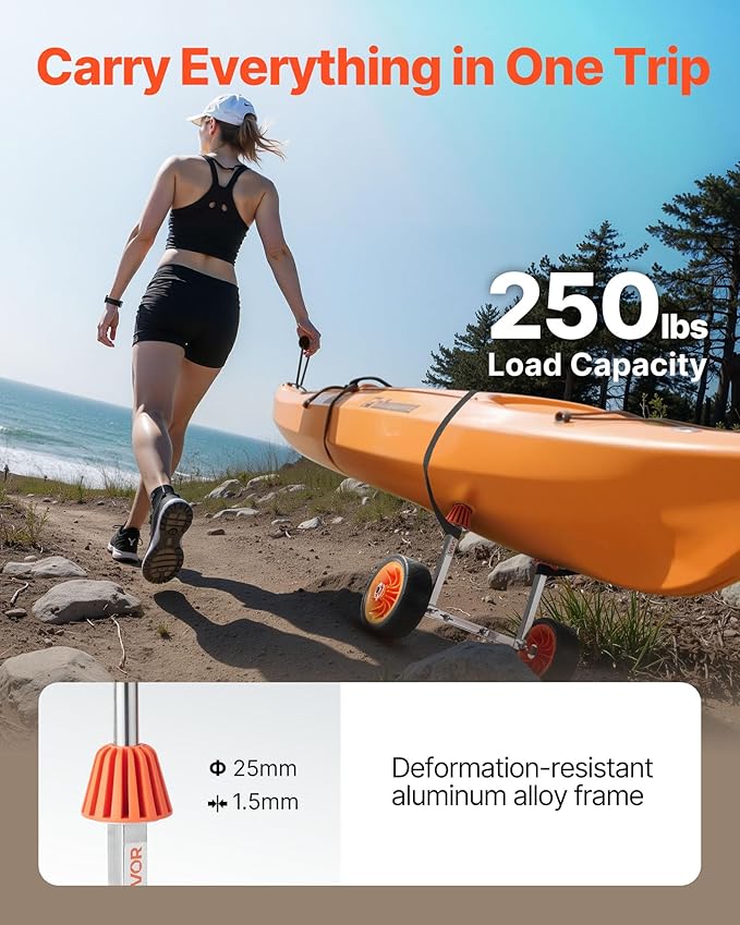 VEVOR Kayak Cart, 230/250lbs Canoe Cart Dolly with 7.5in/10in Solid Rubber Tires & Kickstand, Adjustable Width, Detachable Portable Watercraft Cart for Kayaks, Canoes, Paddle Boards