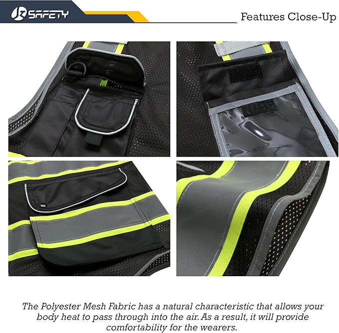 JKSafety 9 Pockets High Visibility Zipper Front MESH Black Safety Vest | Black with Dual Tone High Reflective Strips | ANSI/ISEA Standards (100-Black, M)