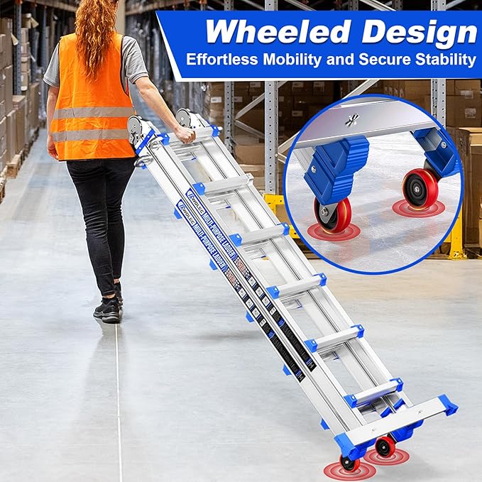 Telescoping A-Frame Ladder- 20FT Folding Extension Ladder with Wheels & Stabilizer Bar, 330lb Security Load Multi Position Ladders for Stairs Home Indoor Outdoor Roof