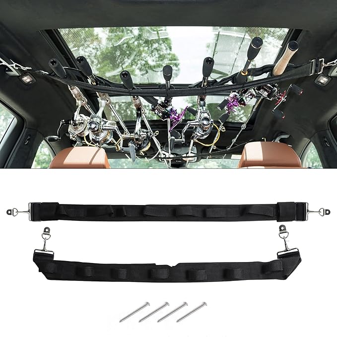 Dr.Fish Vehicle Fishing Pole Holder 7 Rod Capacity, Durable Nylon Adjustable, Buckle Holder Car Rod and Reel Roof Rack for Off-Road Vehicles, Pick Up, Full Size SUV