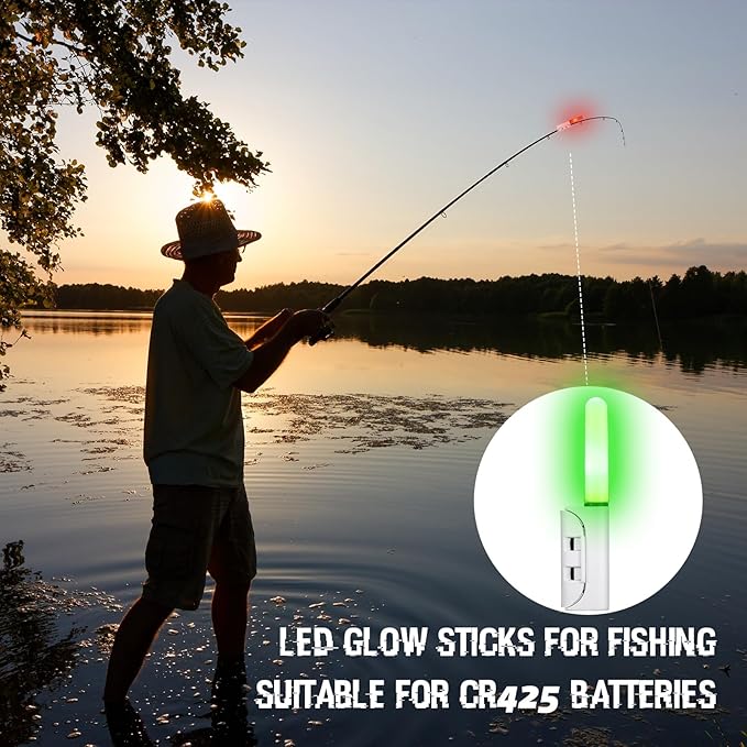 6 Pcs Fishing Glow Sticks LED Fishing Pole Light Night Fish Alert Glow Stick with 8 Pcs Rechargeable CR425 Battery and Battery Charger