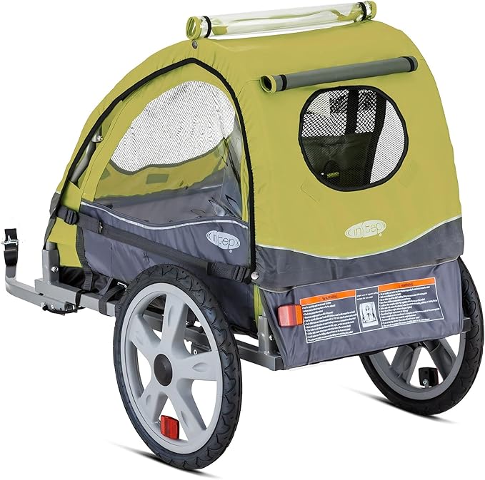 Instep Sync Single Seat Bike Child Trailer, Max Weight 40 lbs., 5-Point Harness, Folding Frame, Quick Release Wheels, Easy Storage, Bug Screen & Weather Shield, Green/Grey