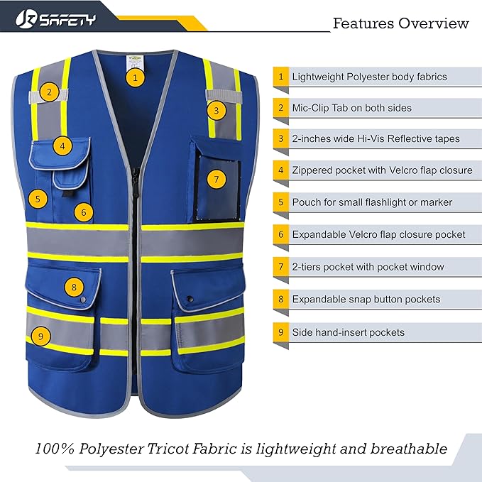 JKSafety 9 Pockets Hi-Vis Safety Vest High Visibility Reflecitive Safety Vests for Men and Women Work Utility PPE Work Gear ANSI/ISEA compliant (902-Blue 3XL)