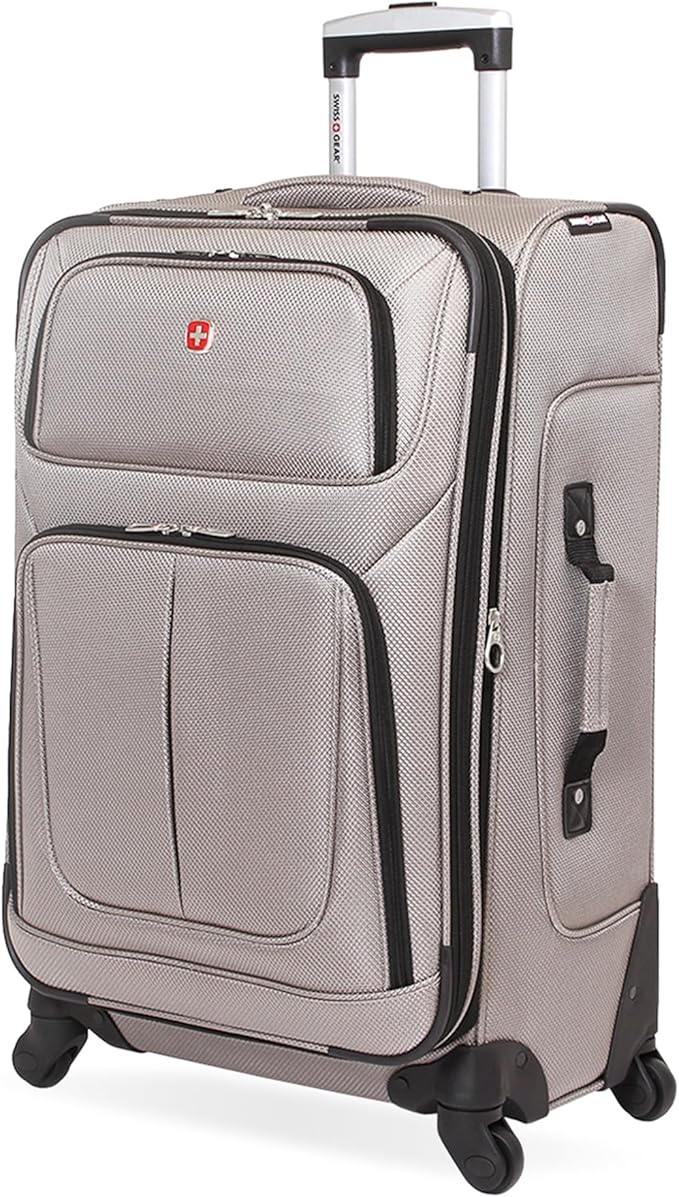 SwissGear Sion ソフトサイド 拡張可能ラゲッジ – 360度回転ホイールと格納式ハンドル付きミディアムチェック柄スーツケース – 25インチ、1～7泊の旅行に最適 – ピューター