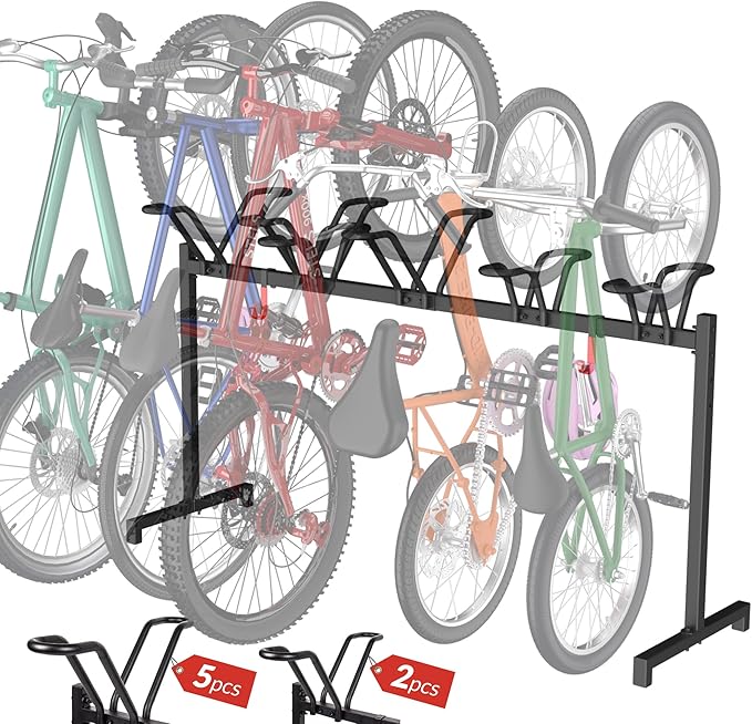 Sttoraboks 5 Bikes Floor Stand, Adjustable Bicycle Parking Rack with Hook for Garage, Indoor, Outdoor, Free Combination Bike Storage Cycle Rack for Mountain, Road and Kids Bikes, Max Tire Width 2.5”