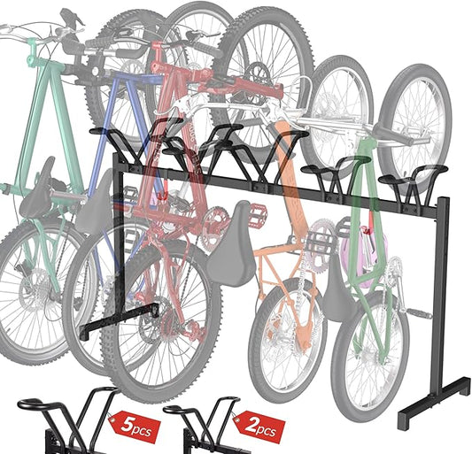 Sttoraboks 5 Bikes Floor Stand, Adjustable Bicycle Parking Rack with Hook for Garage, Indoor, Outdoor, Free Combination Bike Storage Cycle Rack for Mountain, Road and Kids Bikes, Max Tire Width 2.5”