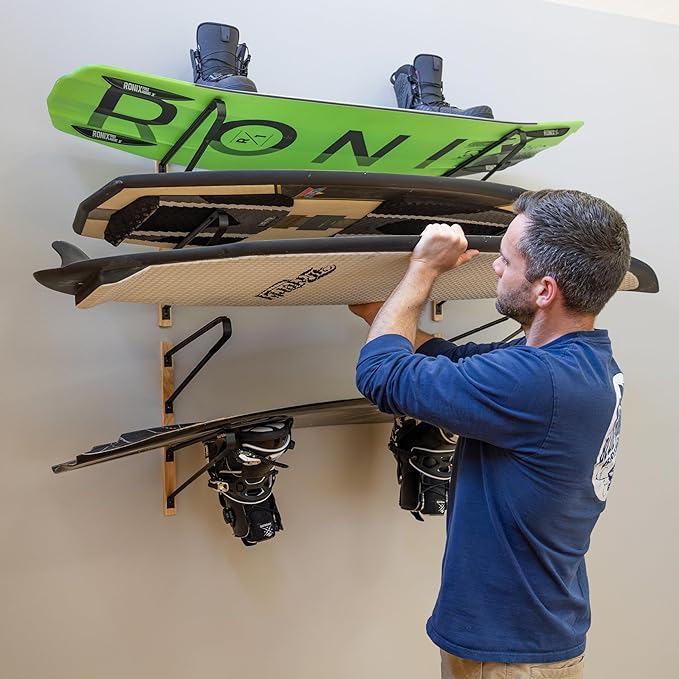 StoreYourBoard Avon Wakeboard Storage Rack, 4 Level Wall Mount Water Ski and Wake Surf Board Organizer, Natural Wood and Solid Steel Holds 200 lbs