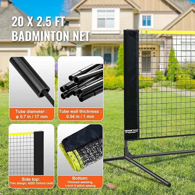 VEVOR Badminton Net, Height Adjustable Volleyball Net, Wide Foldable Pickleball Net, Portable Easy Setup Tennis Net Set with Poles, Stand and Carry Bag, for Kids Backyard Game Indoor Outdoor Use