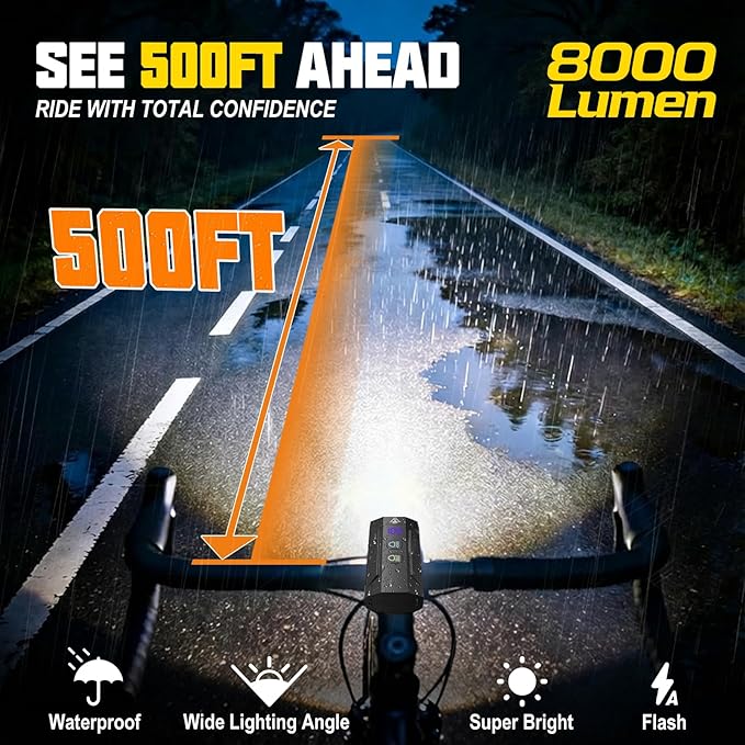 Bike Lights for Night Riding - 8000 Lumens Super Bright Bicycle Headlight Taillight, 5800mAh Rechargeable Bicycle Light with LCD Power Display, Waterproof 13 Modes Mountain Road Bike Light Set