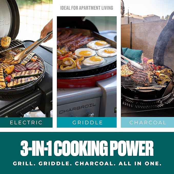 Charbroil 3-in-1 Dual Fuel Outdoor Bistro Pro Electric Grill & Griddle + Charcoal Mode BBQ, Red - 25302146