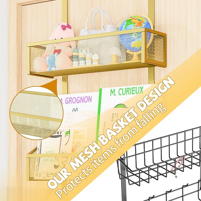 Over The Door Hooks Organizer, Coat Rack Over The Door Storage Hanger Towel Rack, Back of Door Storage Organizer for Bathroom,Bedroom,Kitchen,Office (Gold, 3-Tier)