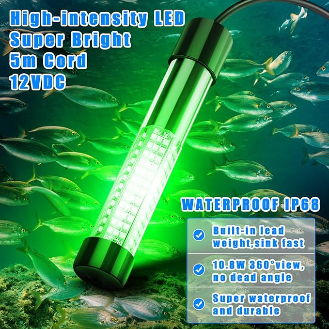 Geelin 2 Pcs 12v 10w Green Underwater Fishing Light Submersible Lure Bait LED Fishing Attracting Light Night Green Glow Finder Lamp for Pool Boat Sea Ice Crappie Squid Shad Shrimp