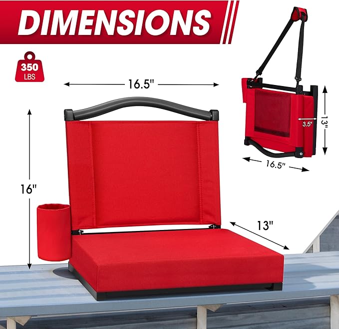Fragess Bleacher seat, Stadium Seats with Back Support and Thick Cushion, Bleacher Chairs with Shoulder Strap and Side Pocket, Stadium Seat for Bleachers, Perfect for Sports Events(RED)