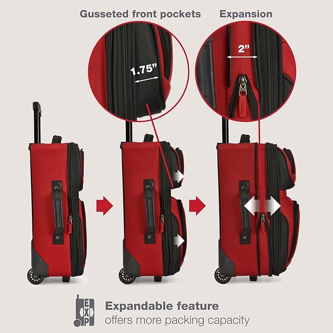 U.S. Traveler リオ 軽量ソフトサイド ローリングキャリーオンスーツケース、2輪シングル、レッド