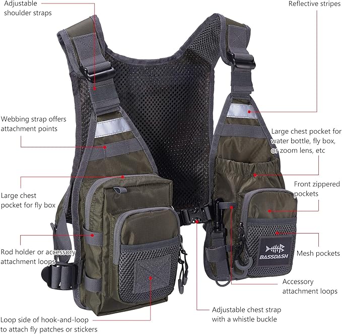 BASSDASH FV08 Ultra Lightweight Fly Fishing Vest for Men and Women Portable Chest Pack One Size Fits Most