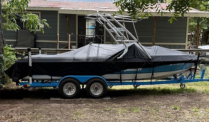 Tuszom 1200D Solution Dyed 100% Waterproof Ski & Wakeboard Tower Boat Cover with 11+6 PCS Windproof Straps Fit V-Hull Runabouts OutBoards and I/O (Black, 17'-19'L, Beam Width to 102" W)