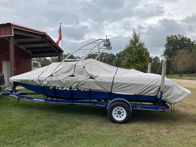 Tuszom 1200D 100% Waterproof Ski & Wakeboard Tower Boat Cover Tear-Proof Trailerable Full Size Boat Cover for Boats with Ski Or Wakeboard Towers (Gray, 22'-24'L, Beam Width to 116" W)