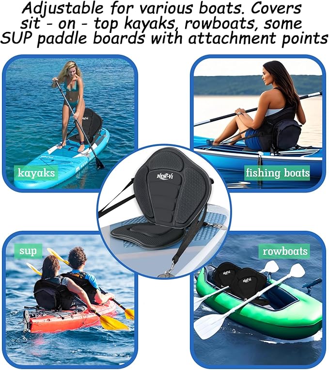 NEW-Vi Universal Deluxe Detachable Kayak Seat Paddle Board Seat Canoe Seat Kayak Seats with Back Support, 4 Adjustable Straps High Back Support, Form-Fitting for Kayaks SUP Fishing Boat Rowboat