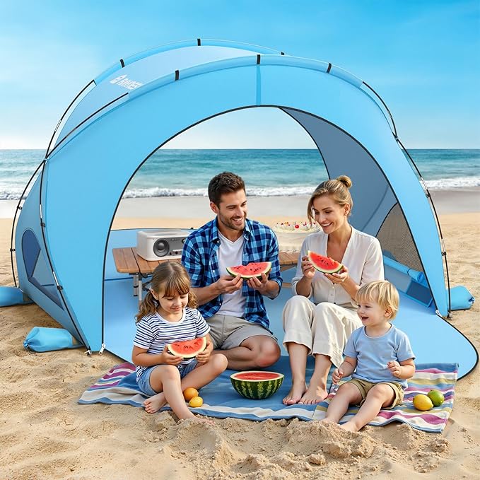Beach Tent Sun Shelter, Sun Shelter for 1-4 Person, Beach Shade Tent, Beaches Shade with 2 Zippered Doors, Portable Tents for Camping Fishing, Blue