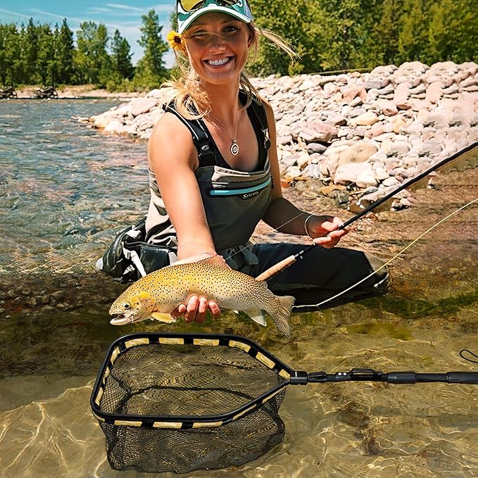 PLUSINNO Floating Fishing Net for Steelhead, Salmon, Fly, Kayak, Catfish, Bass, Trout Fishing, Rubber Coated Foldable Landing Net with Fixed or Telescoping Pole Handle, Fishing Gear and Gifts for Men