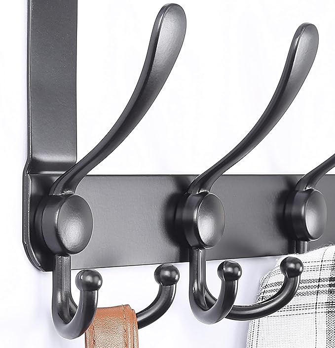 Dseap Over The Door Hook Hanger - Fits 1 3/8" to 1 3/4" Standard Doors | 5 Tri Hooks Heavy Duty Towel/Coat Rack | Door Organizer for Clothes, Jackets, Hats, Towels, Black