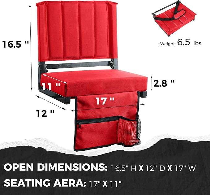 SPORT BEATS Stadium Seats with Back Support Bleacher Chairs with Back and Cushion Thick Padded Bleacher Seats Includes Shoulder Strap Red 2pcs Standard
