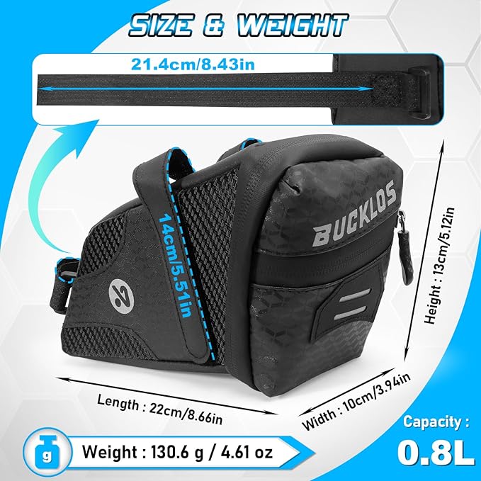 BUCKLOS Bike Saddle Bag, 0.8L Water Resistant Under Seat Bag, 3D Shell 600D Polyester Cycling Wedge Pack with Reflective Strips & Taillight Hanger for Mountain & Road Bikes, Black
