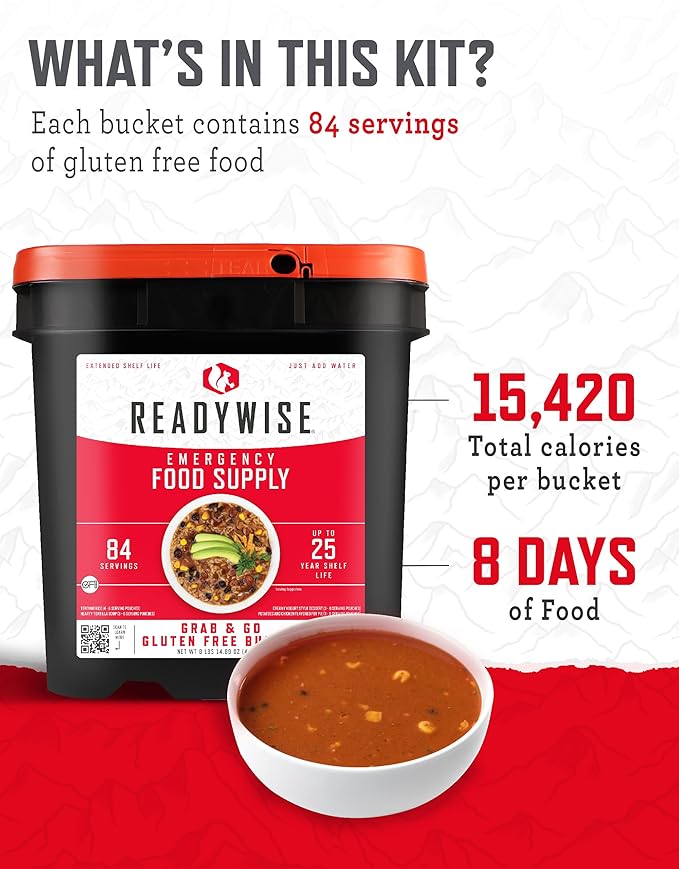 ReadyWise非常食 - グルテンフリー サバイバル食料バケツ 84食分、バックパッキング、キャンプ用品、緊急備蓄用フリーズドライ・乾燥食品、最長25年保存可能