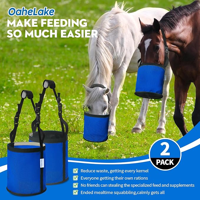 Horse Feed Bag 2 PCs, Breathable Mesh Feed Bags for Horses, Muzzle Feedbag for Feeding Grain, Anti-Spill Design Feeder, Soft Neck Pad Nose Pad, Universal Fit (Blue)