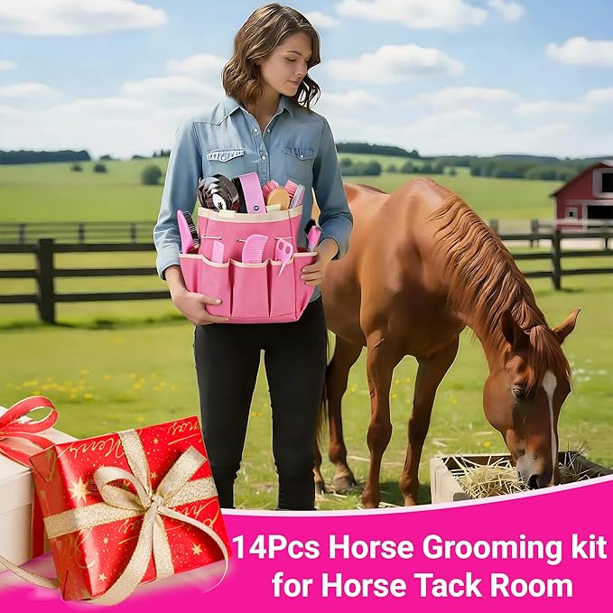 Horse Grooming Kit, 14-in-1 Professional Horse Brush Supplies Set for Grooming & Care, with Horse Brushes, Curry Comb, Hoof Pick & Waterproof Storage Tote Bag for Shining, Detangling, Massaging(Pink)