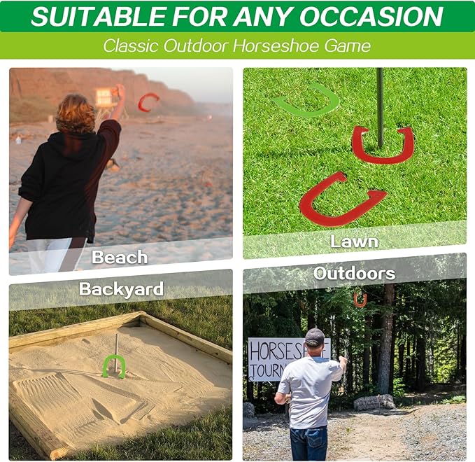 Horseshoes Outside Game - Steel Horseshoe Set - Yard Game Kit with 4 Heavy Duty Horseshoes, 2 Solid 24" Stakes & Carrying Bag - Classic Lawn Games for Adults, Backyard, Camping